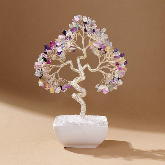 Natural rainbow fluorite crystal tree with ceramic base, feng shui decoration