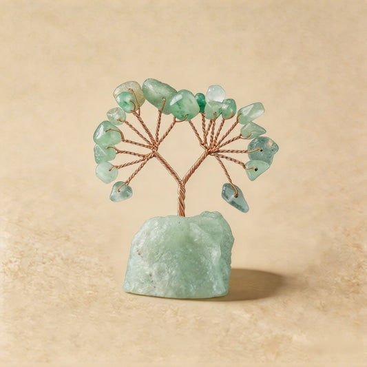 Natural green aventurine crystal tree mini raw stone base, feng shui decoration