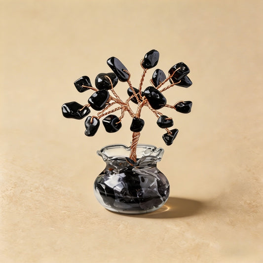 Natural obsidian crystal tree mini treasure bowl, feng shui decoration