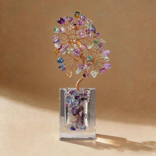 Natural rainbow fluorite crystal tree clear glass base, feng shui decoration