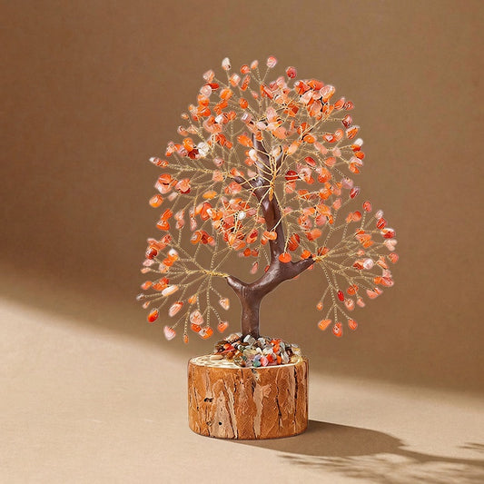 Natural red agate crystal tree with wood stump base, feng shui decoration