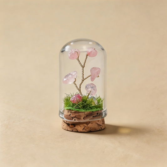 Natural rose quartz crystal tree mini terrarium, feng shui decoration