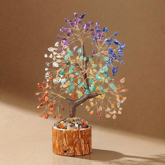Natural seven chakra crystal tree with wood stump base, feng shui decoration