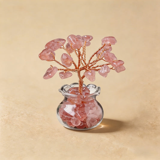 Natural strawberry quartz crystal tree mini treasure bowl, feng shui decoration