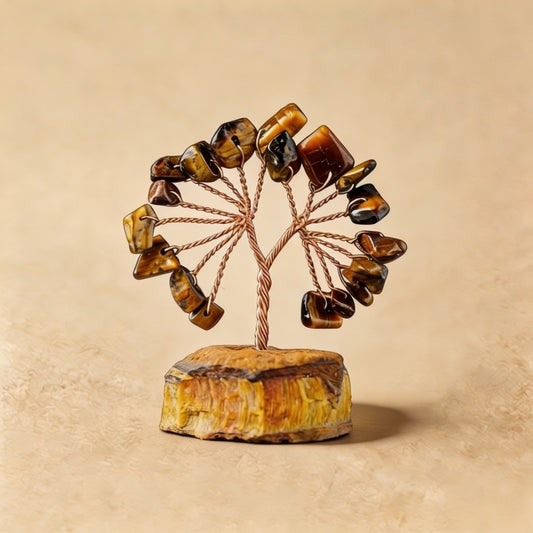 Natural tiger's eye crystal tree mini raw stone base, feng shui decoration