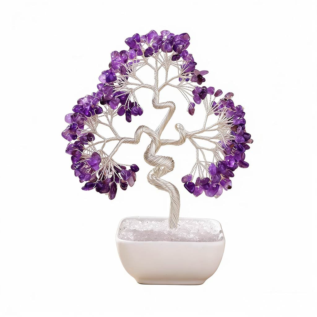 Natural amethyst crystal tree with ceramic base, feng shui decoration
