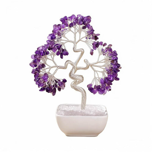 Natural amethyst crystal tree with ceramic base, feng shui decoration