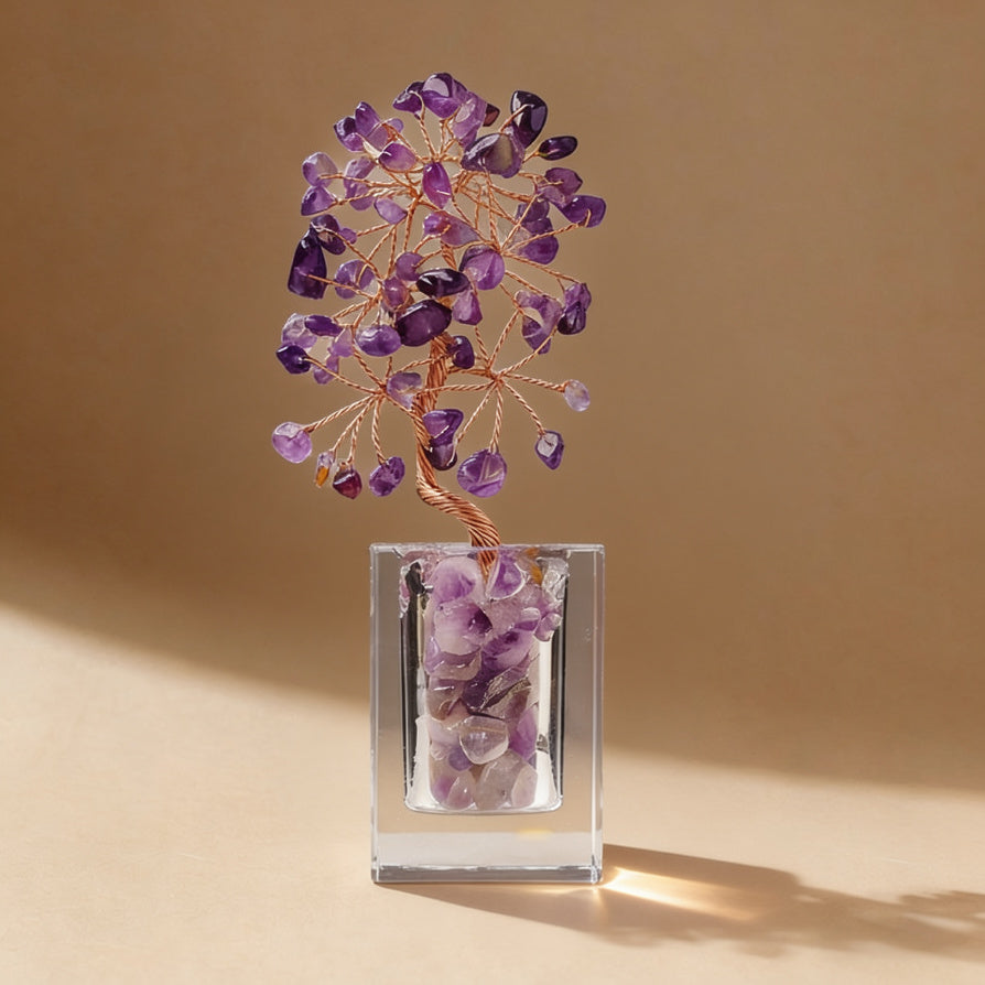 Natural amethyst crystal tree clear glass base, feng shui decoration