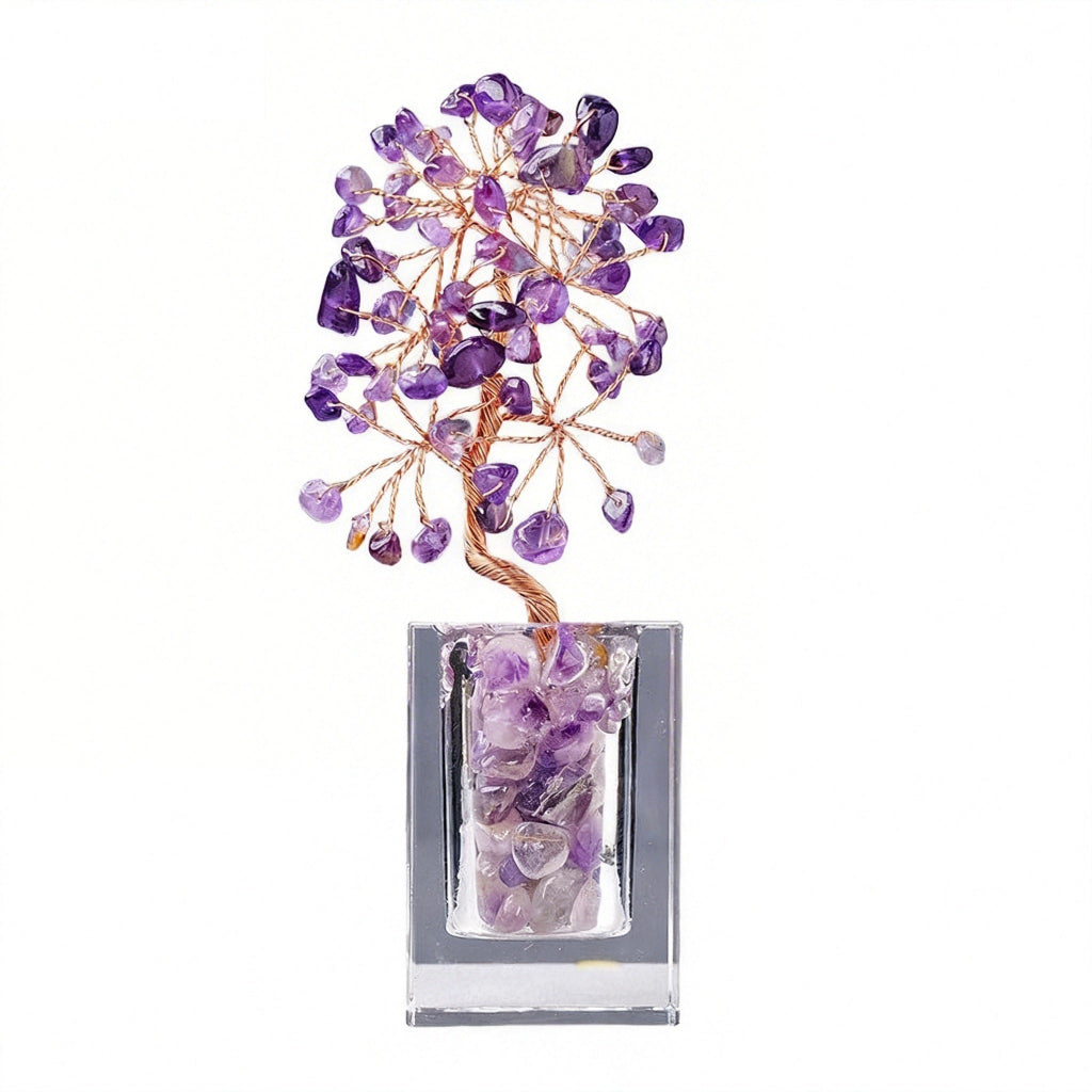 Natural amethyst crystal tree clear glass base, feng shui decoration