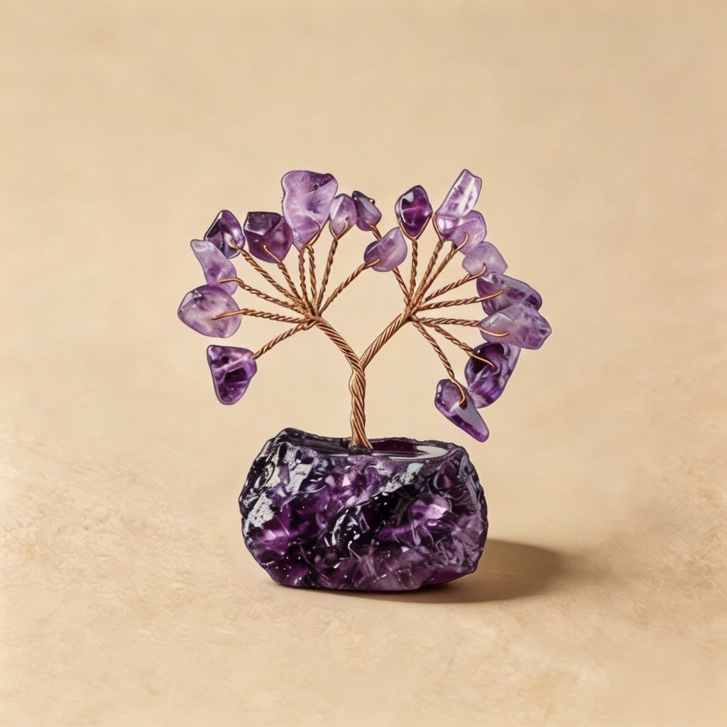 Natural amethyst crystal tree mini raw stone base, feng shui decoration