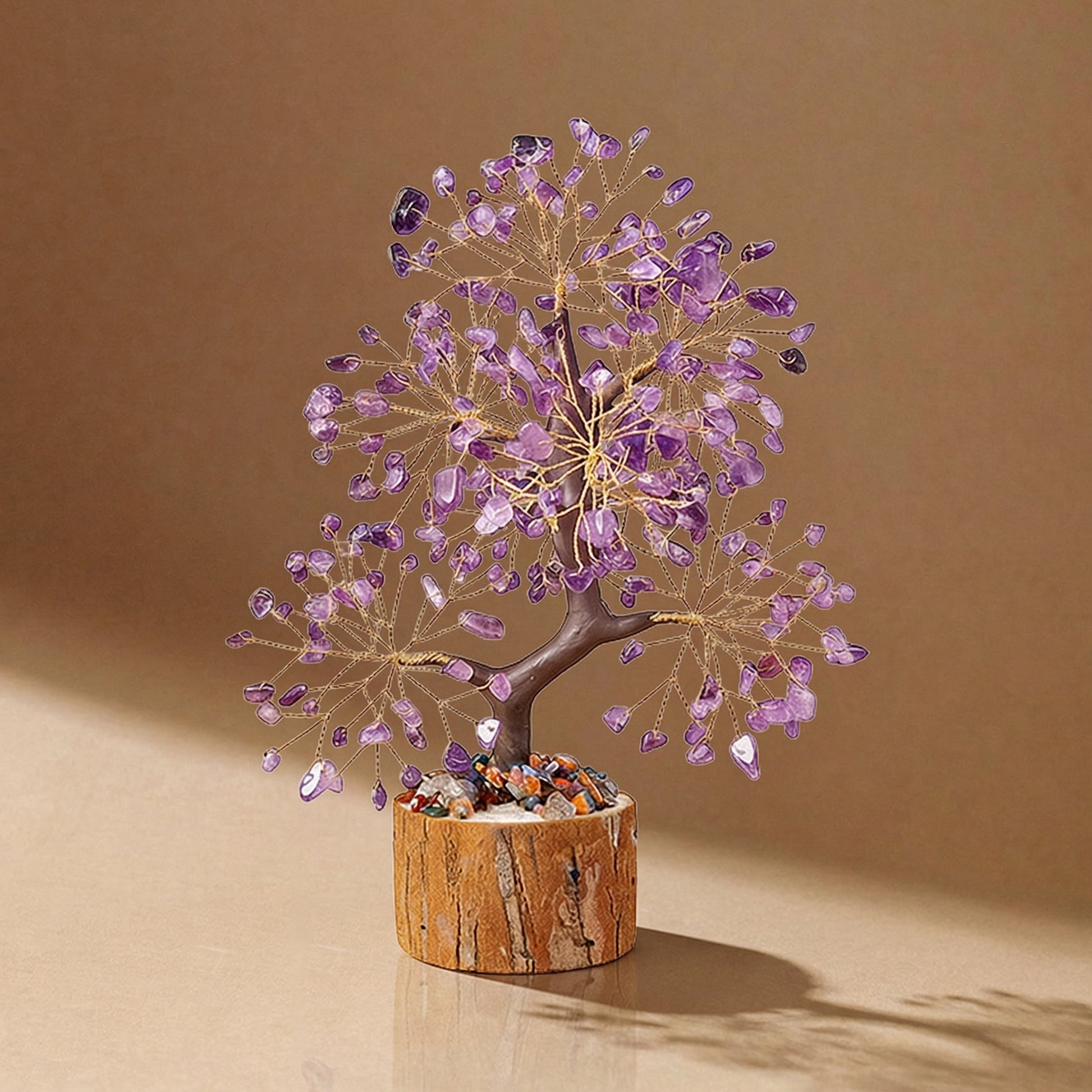 Natural amethyst crystal tree with wood stump base, feng shui decoration