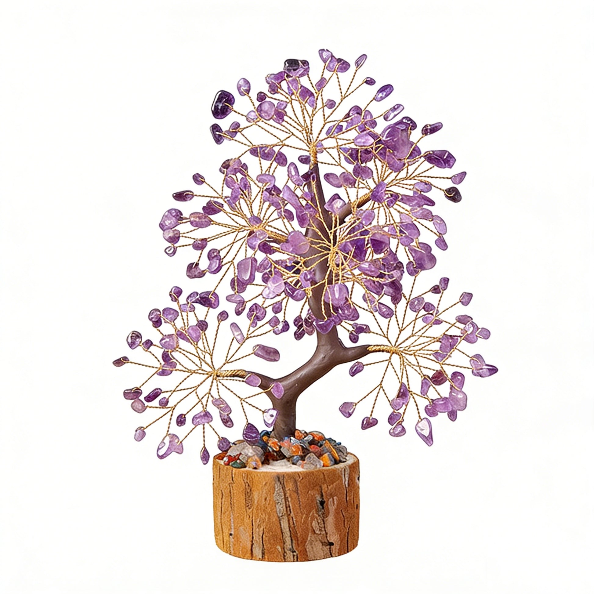 Natural amethyst crystal tree with wood stump base, feng shui decoration