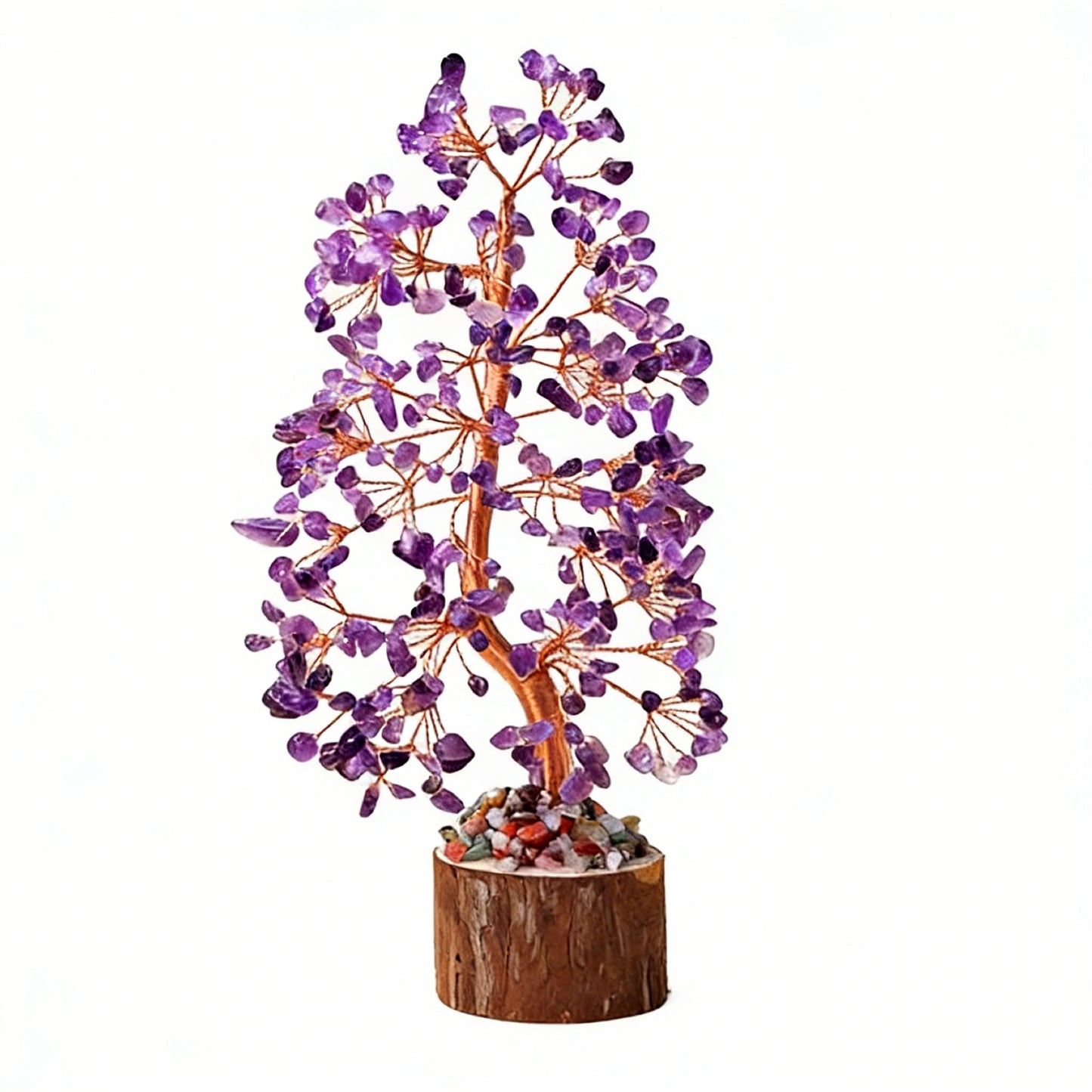Natural amethyst crystal tree with wood stump base, feng shui decoration