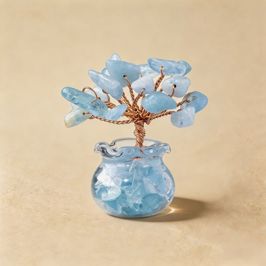 Natural aquamarine crystal tree mini treasure bowl, feng shui decoration