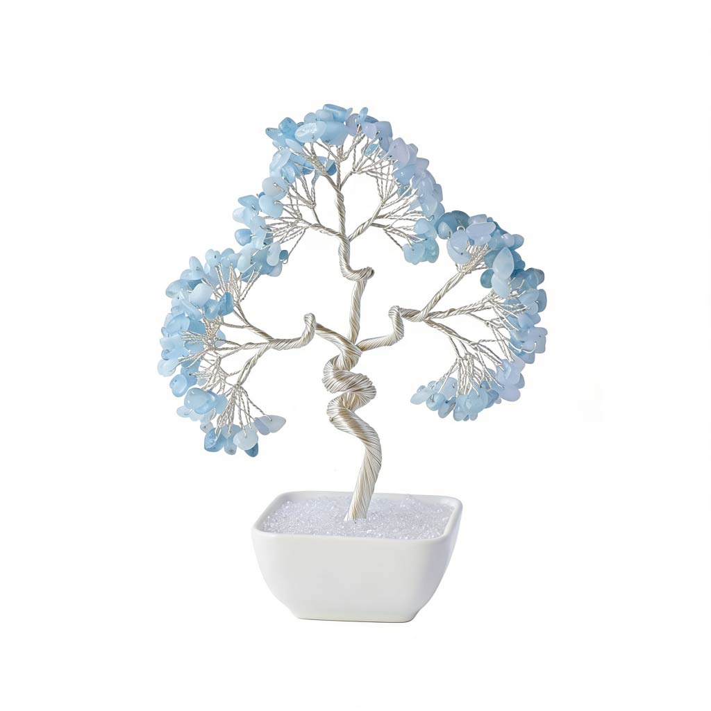 Natural aquamarine crystal tree with ceramic base, feng shui decoration