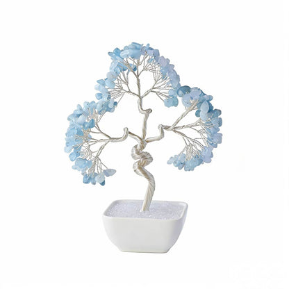 Natural aquamarine crystal tree with ceramic base, feng shui decoration