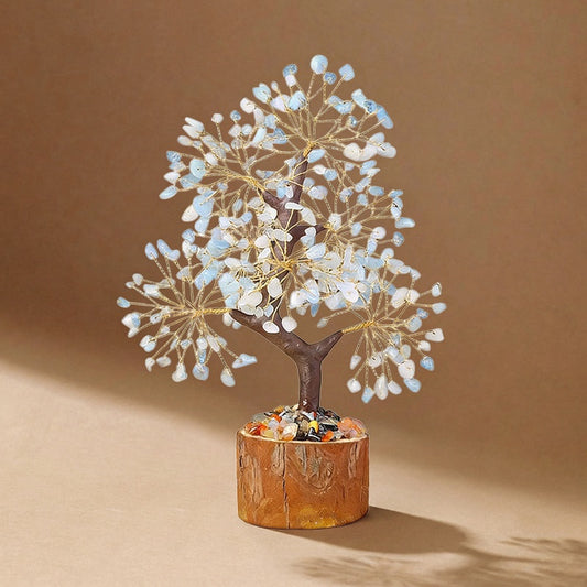 Natural aquamarine crystal tree with wood stump base, feng shui decoration