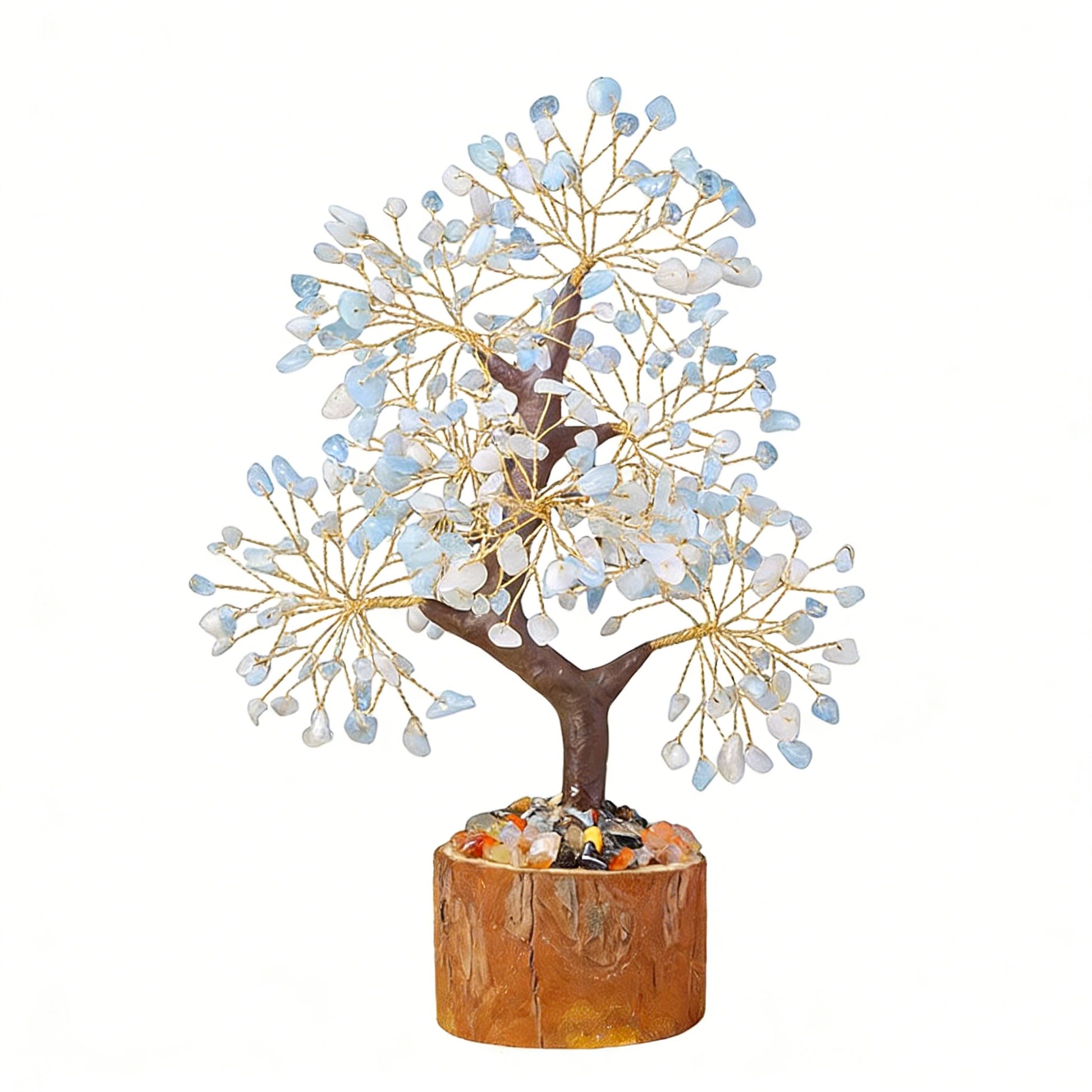 Natural aquamarine crystal tree with wood stump base, feng shui decoration