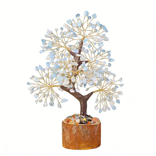 Natural aquamarine crystal tree with wood stump base, feng shui decoration