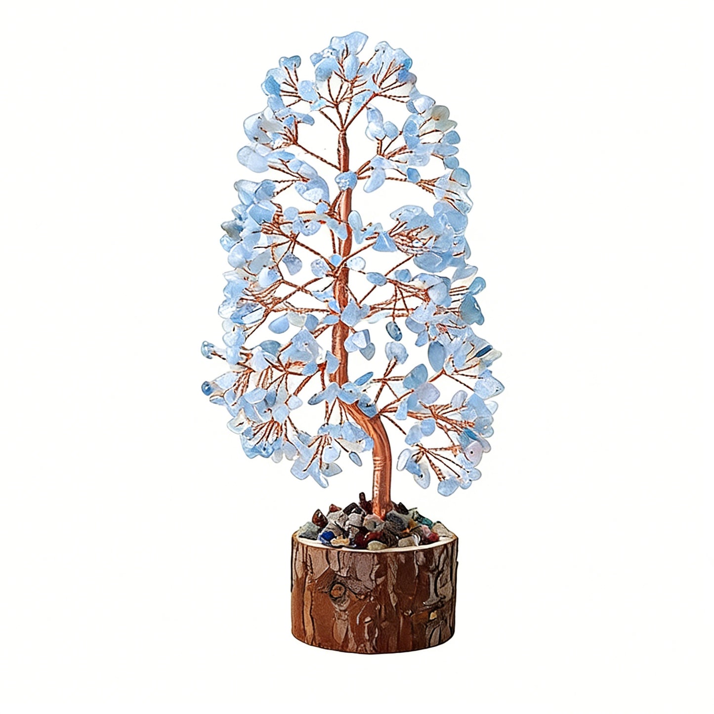 Natural aquamarine crystal tree with wood stump base, feng shui decoration