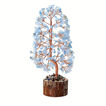 Natural aquamarine crystal tree with wood stump base, feng shui decoration