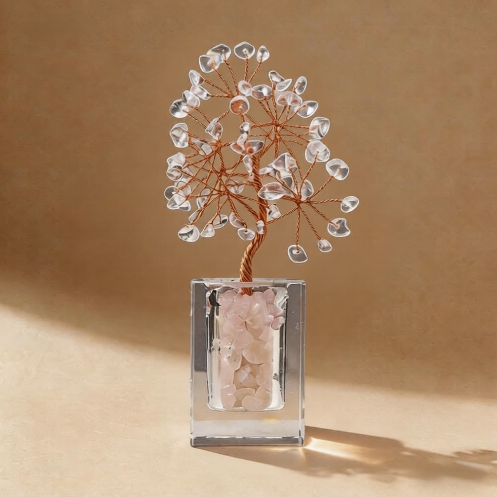 Natural clear quartz crystal tree clear glass base, feng shui decoration