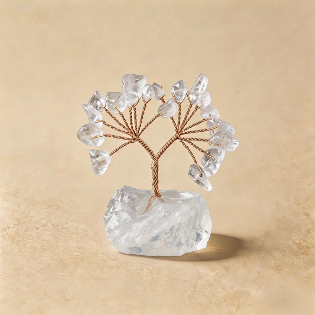 Natural clear quartz crystal tree mini raw stone base, feng shui decoration