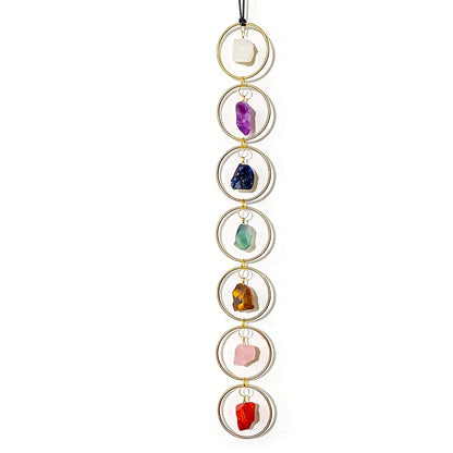 Natural crystal wall hanging drilled raw stone gold metal ring, feng shui decoration