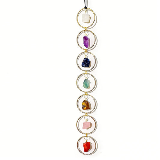 Natural crystal wall hanging drilled raw stone gold metal ring, feng shui decoration