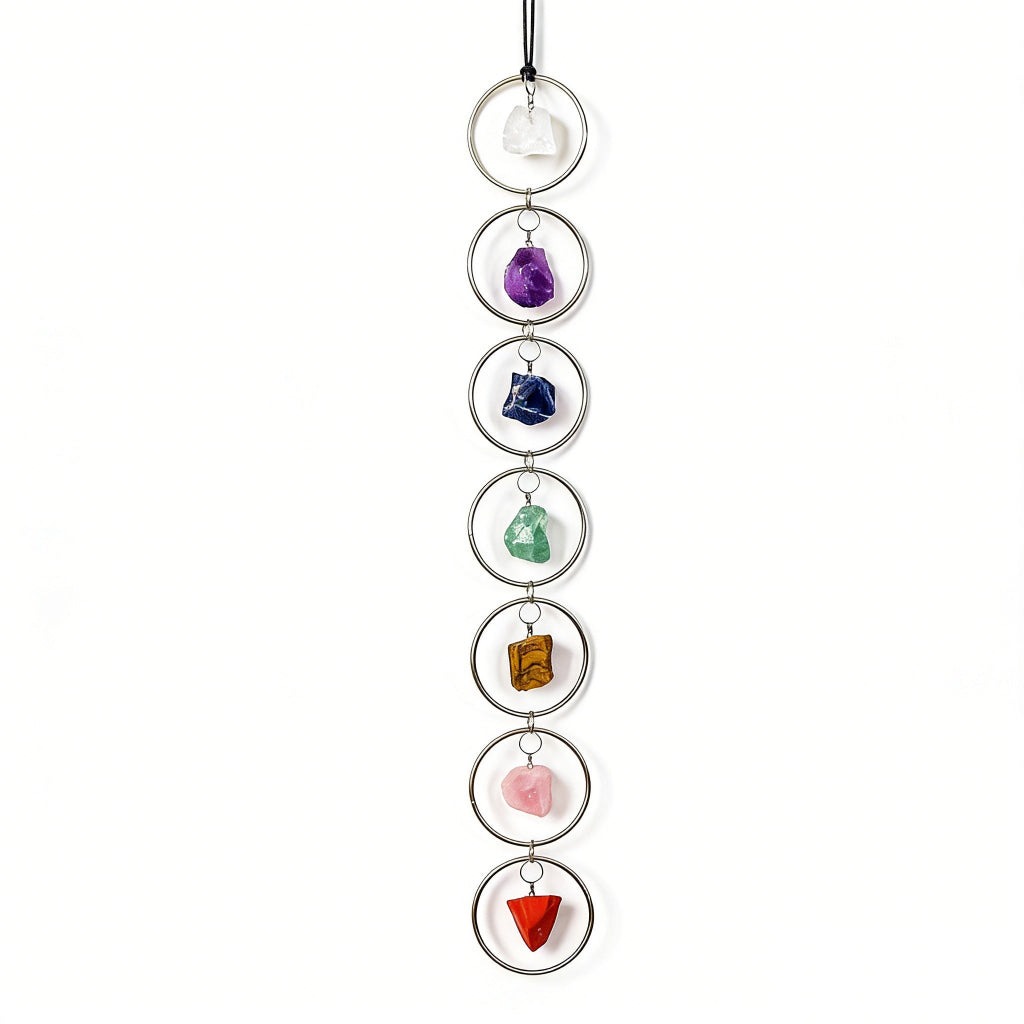 Natural crystal wall hanging drilled raw stone sliver metal ring, feng shui decoration