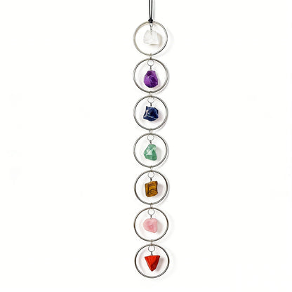 Natural crystal wall hanging drilled raw stone sliver metal ring, feng shui decoration