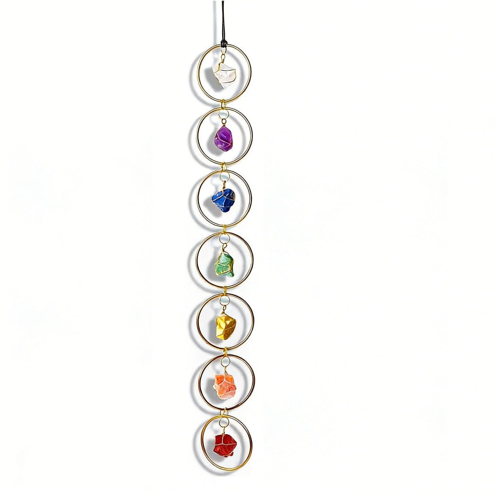 Natural crystal wall hanging raw stone wrapped amethyst gold metal ring, feng shui decoration