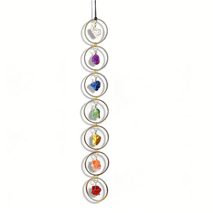 Natural crystal wall hanging raw stone wrapped amethyst gold metal ring, feng shui decoration