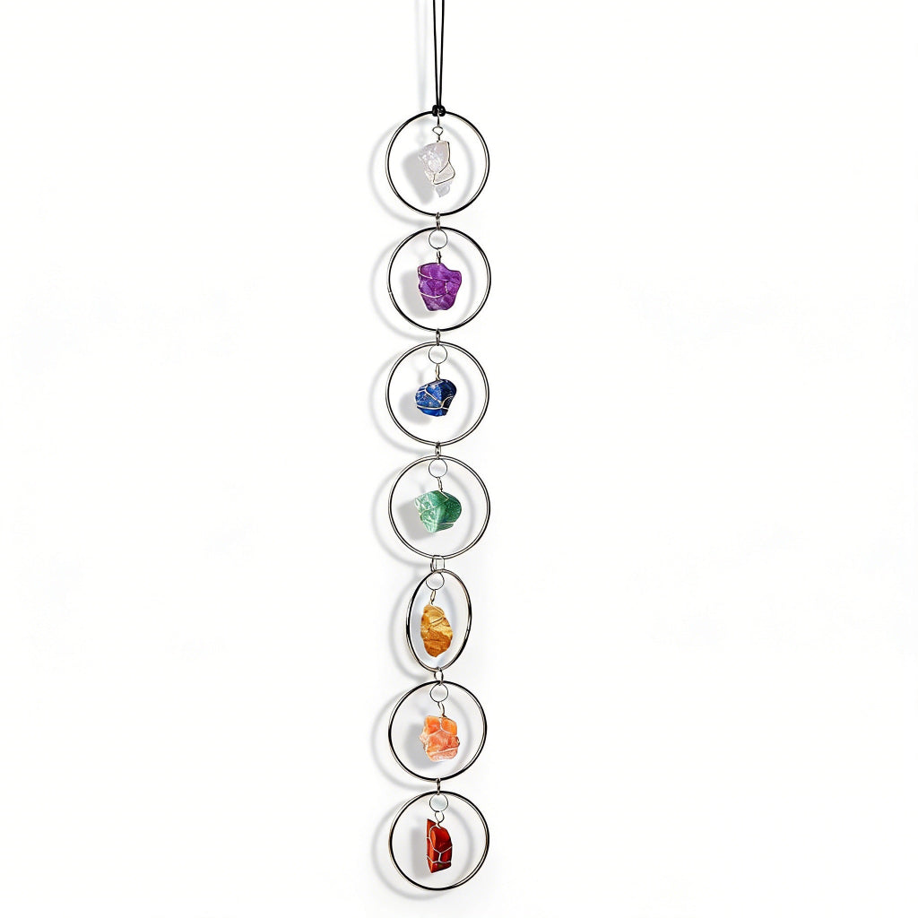 Natural crystal wall hanging raw stone wrapped amethyst sliver metal ring, feng shui decoration