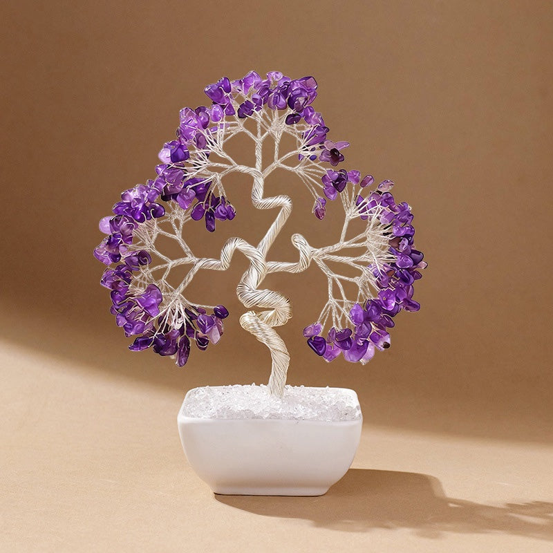 Natural amethyst crystal tree with ceramic base, feng shui decoration