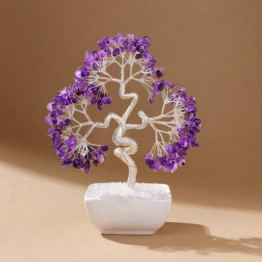 Natural amethyst crystal tree with ceramic base, feng shui decoration