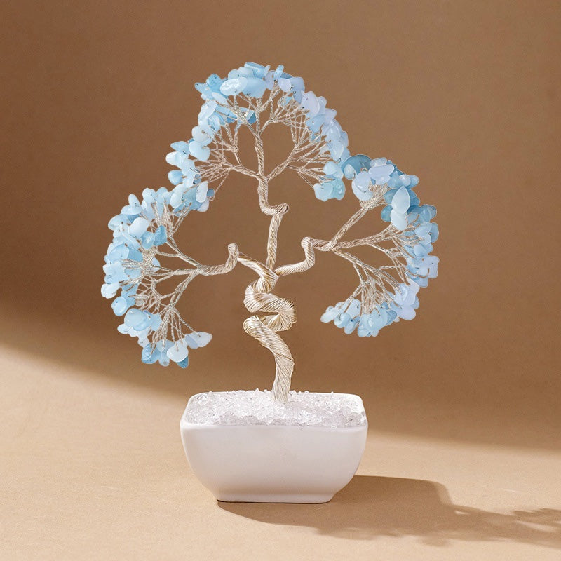 Natural aquamarine crystal tree with ceramic base, feng shui decoration
