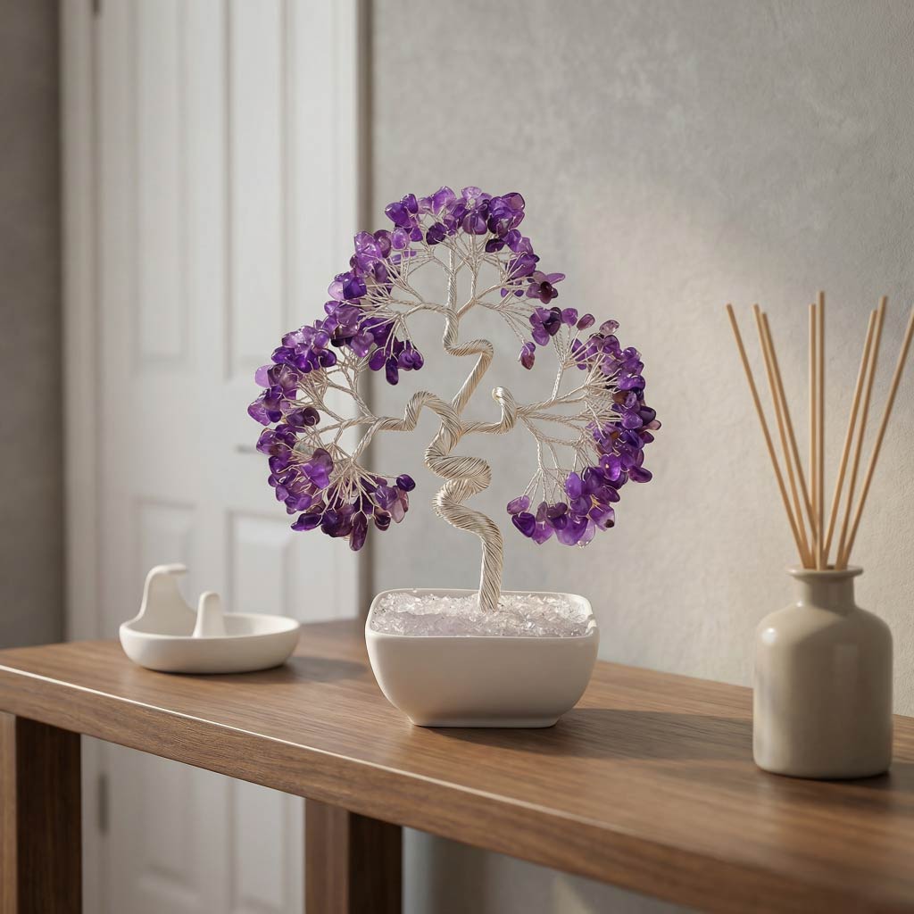 Natural crystal tree with ceramic base, feng shui decoration