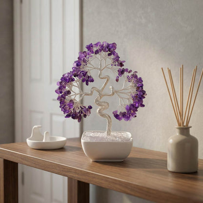 Natural crystal tree with ceramic base, feng shui decoration