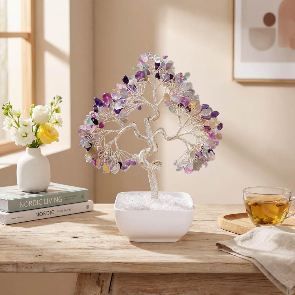 Natural crystal tree with ceramic base, feng shui decoration