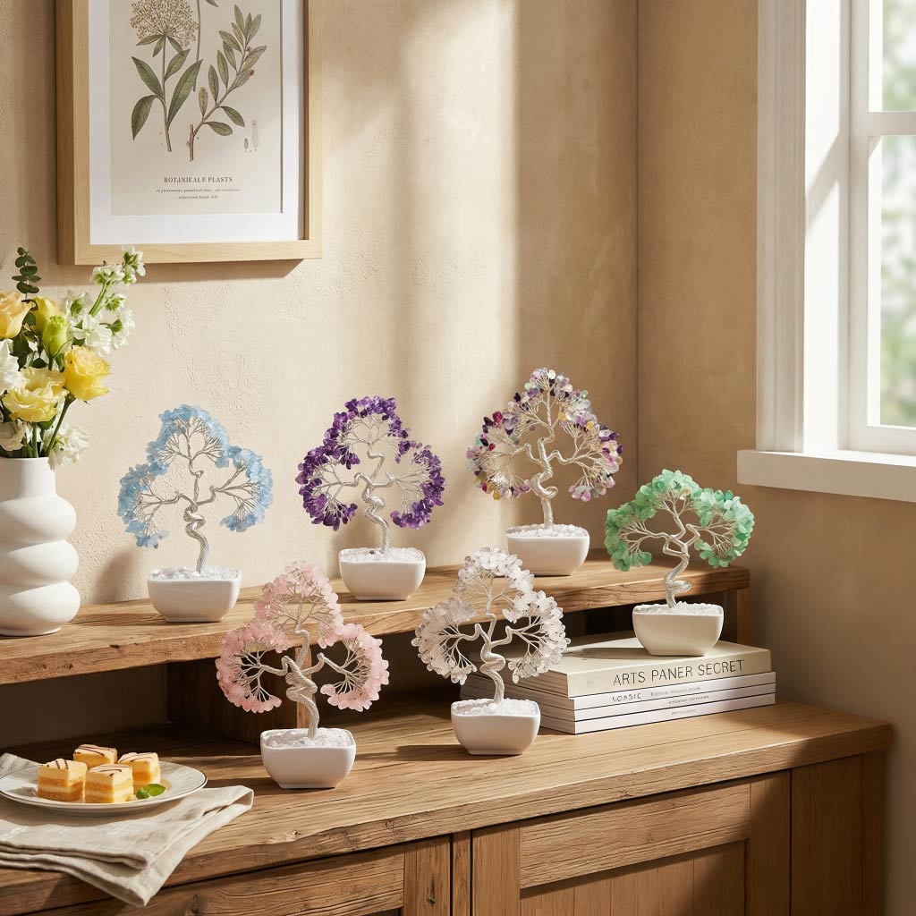 Natural crystal tree with ceramic base, feng shui decoration