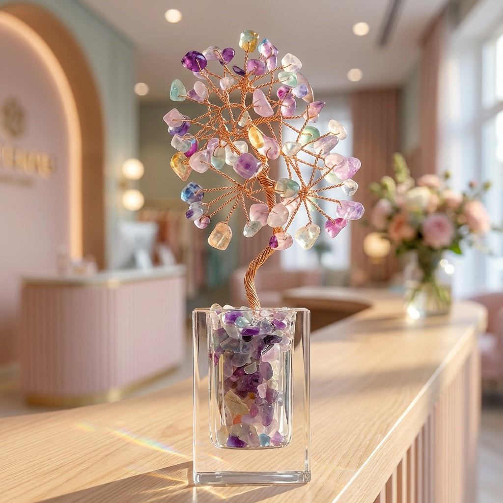 Natural crystal tree clear glass base, feng shui decoration