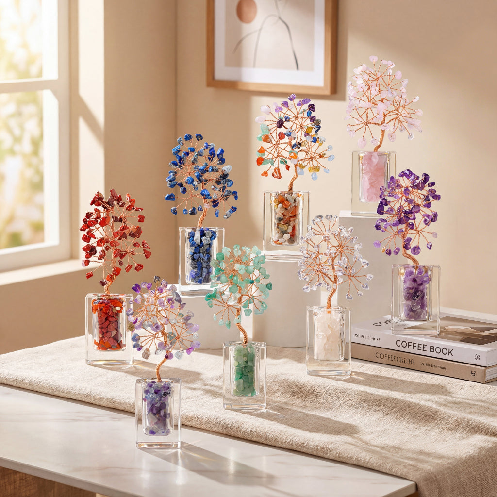 Natural crystal tree clear glass base, feng shui decoration