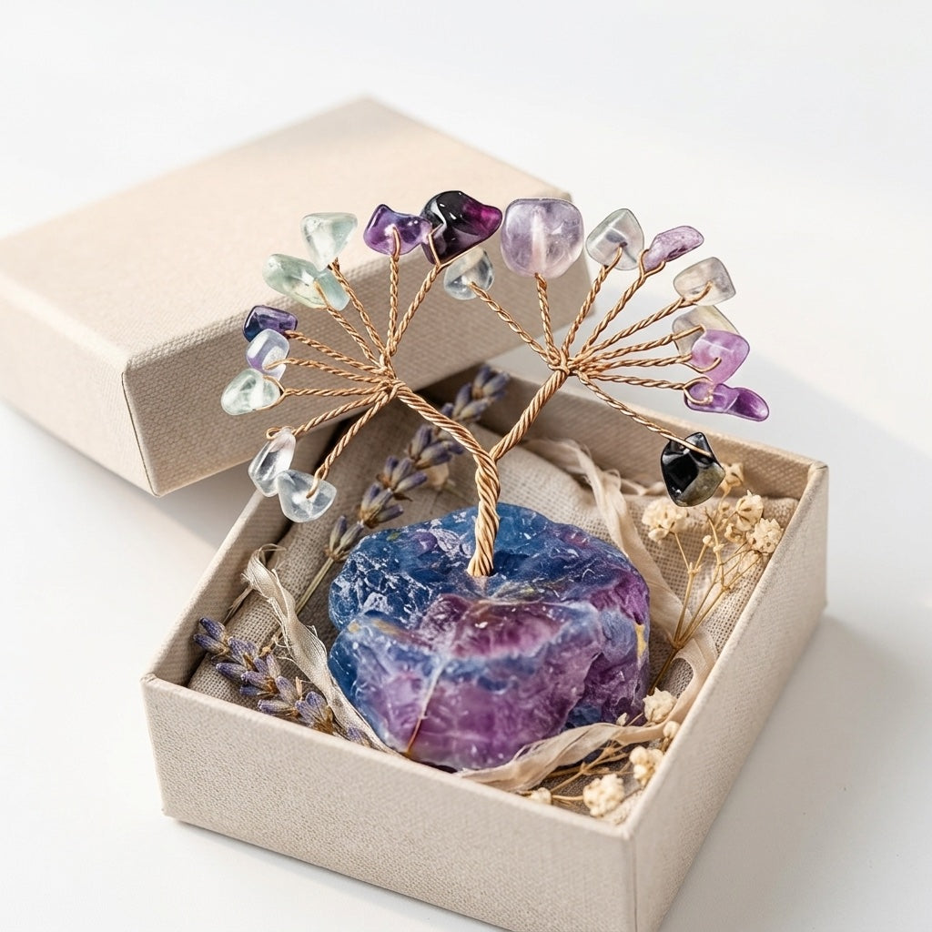 Natural crystal tree mini raw stone base, feng shui decoration