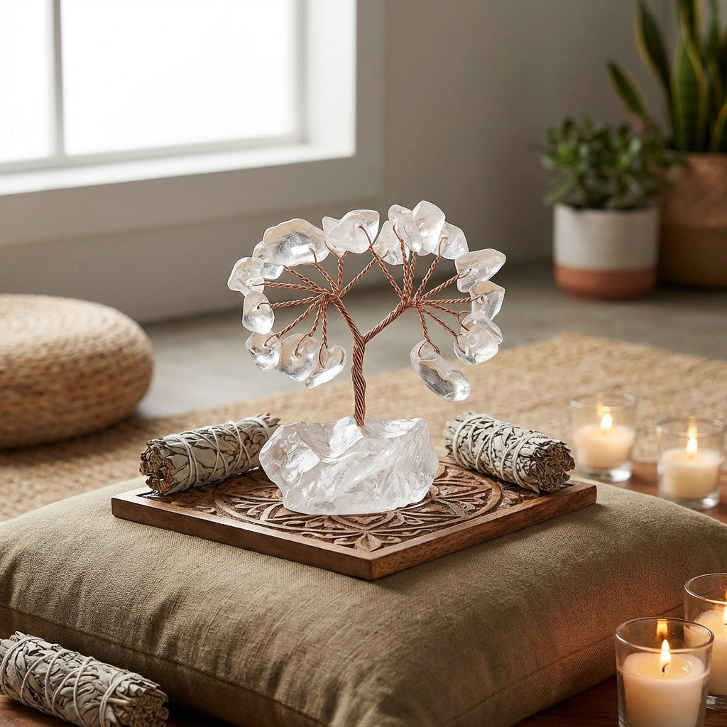 Natural crystal tree mini raw stone base, feng shui decoration