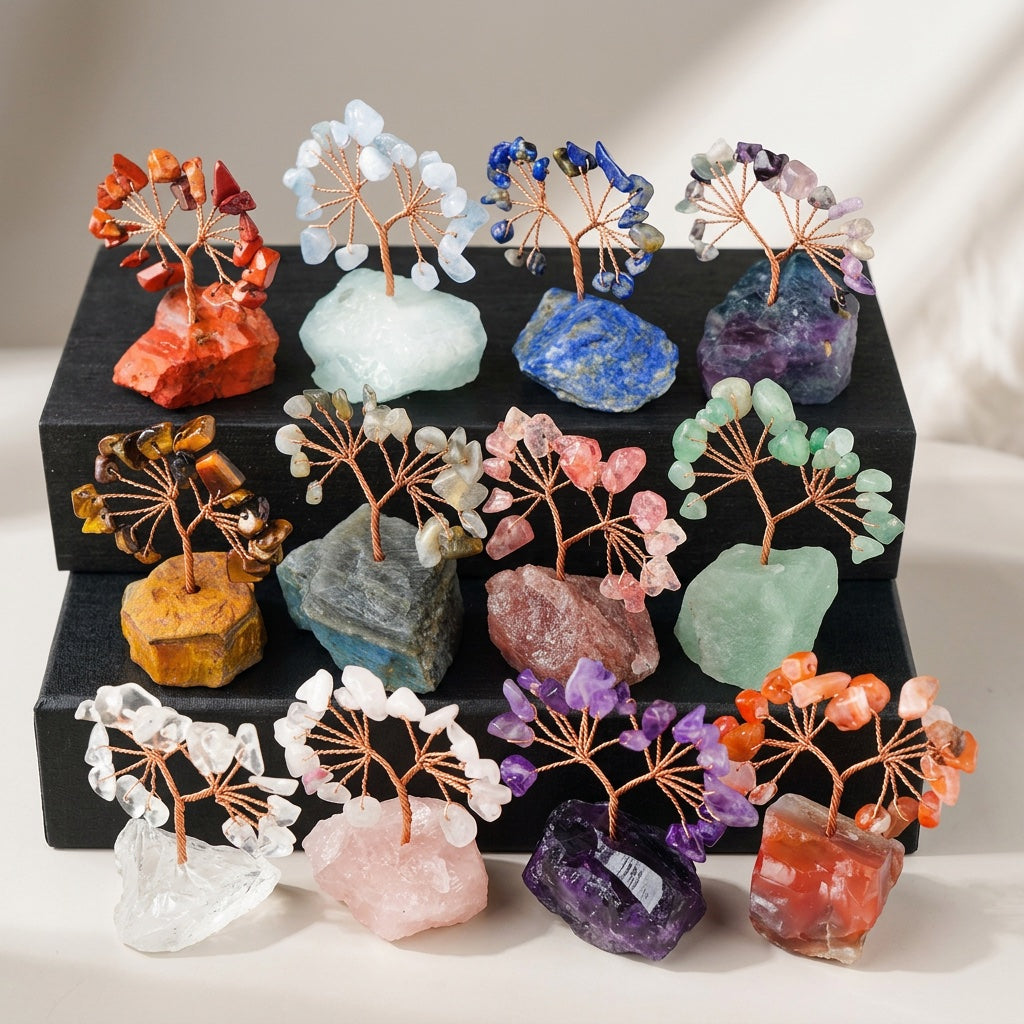 Natural crystal tree mini raw stone base, feng shui decoration