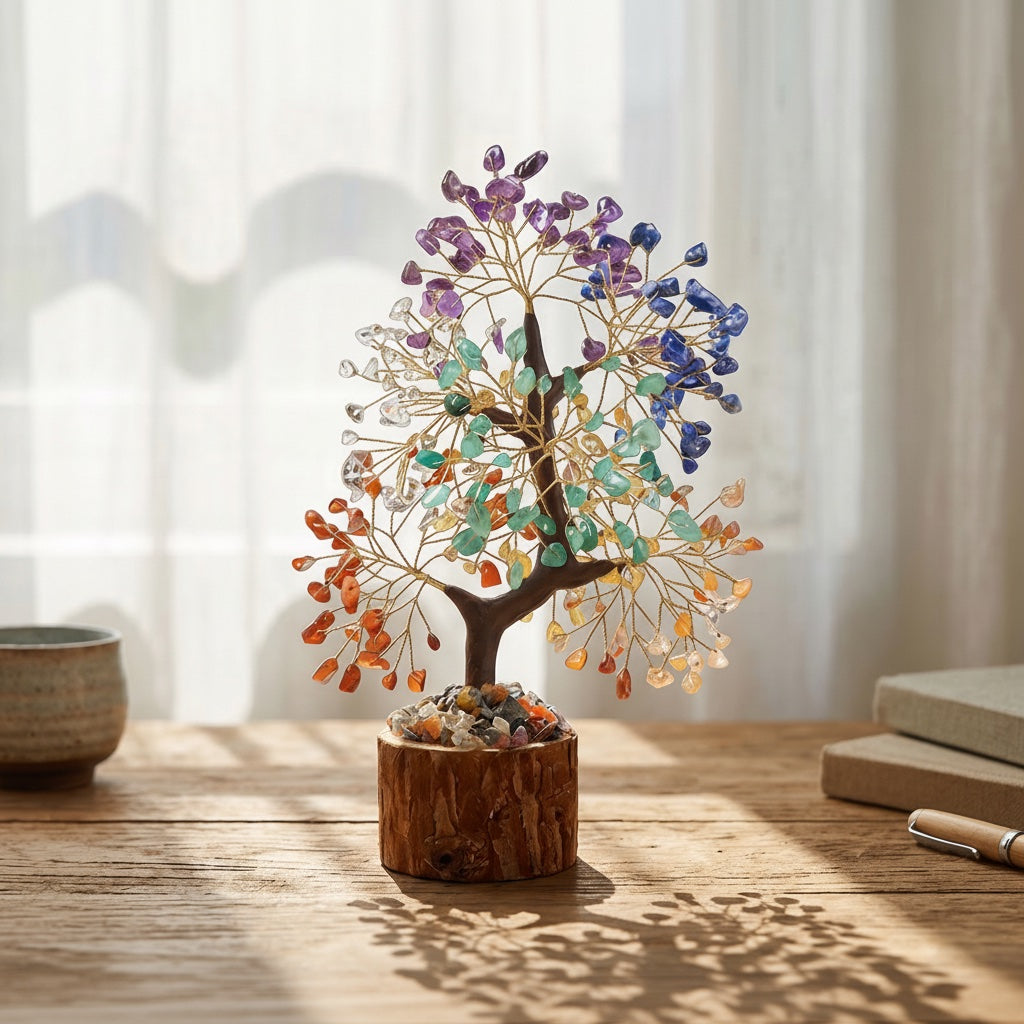 Natural crystal tree with wood stump base, feng shui decoration
