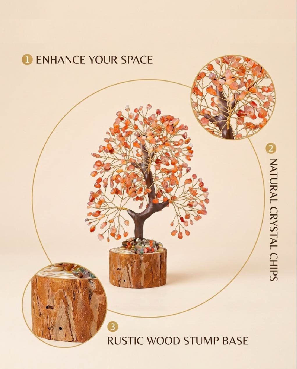 Natural crystal tree with wood stump base, feng shui decoration