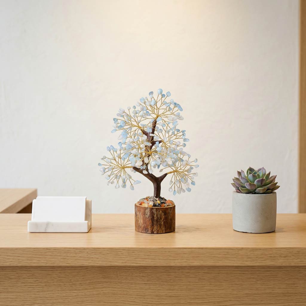 Natural crystal tree with wood stump base, feng shui decoration