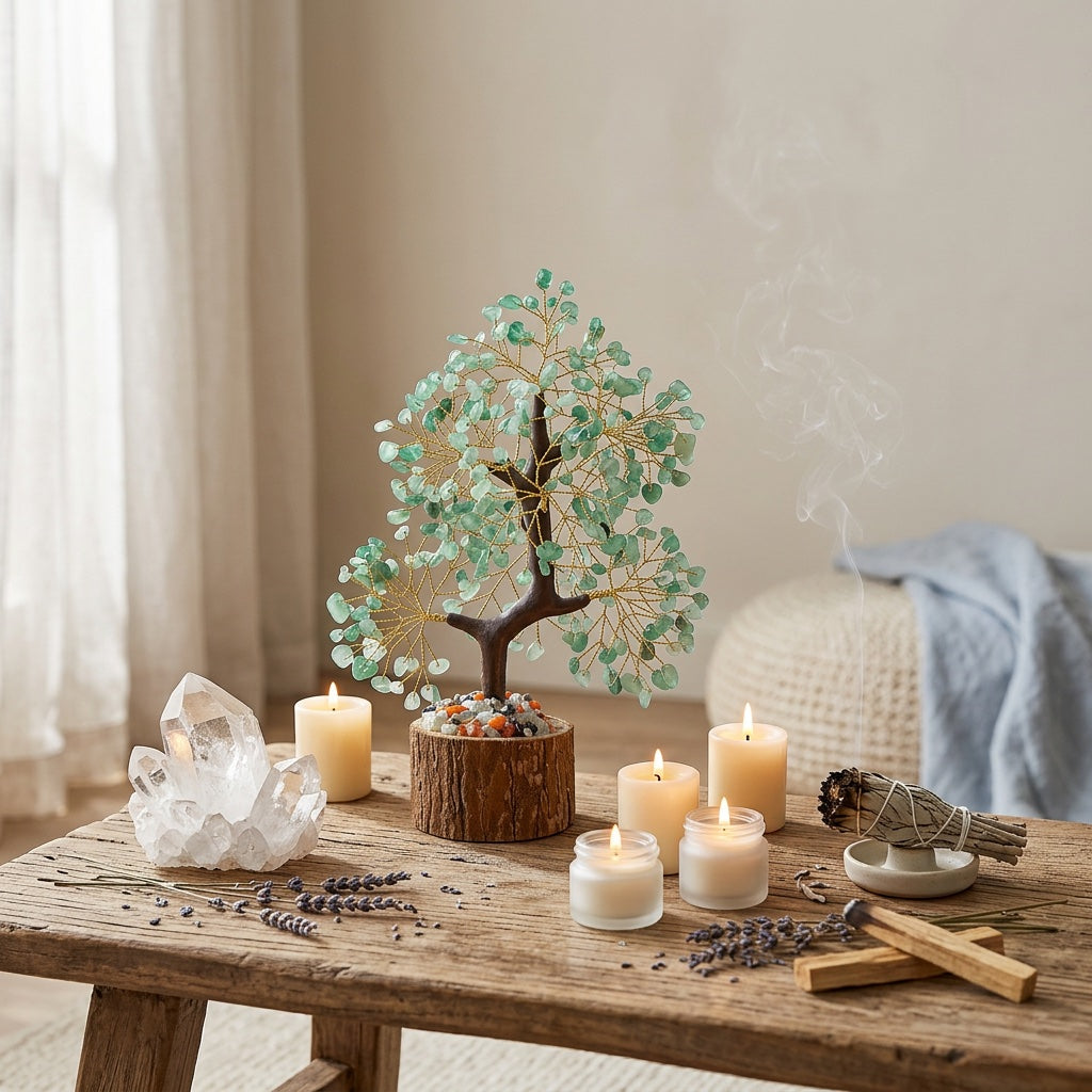 Natural crystal tree with wood stump base, feng shui decoration